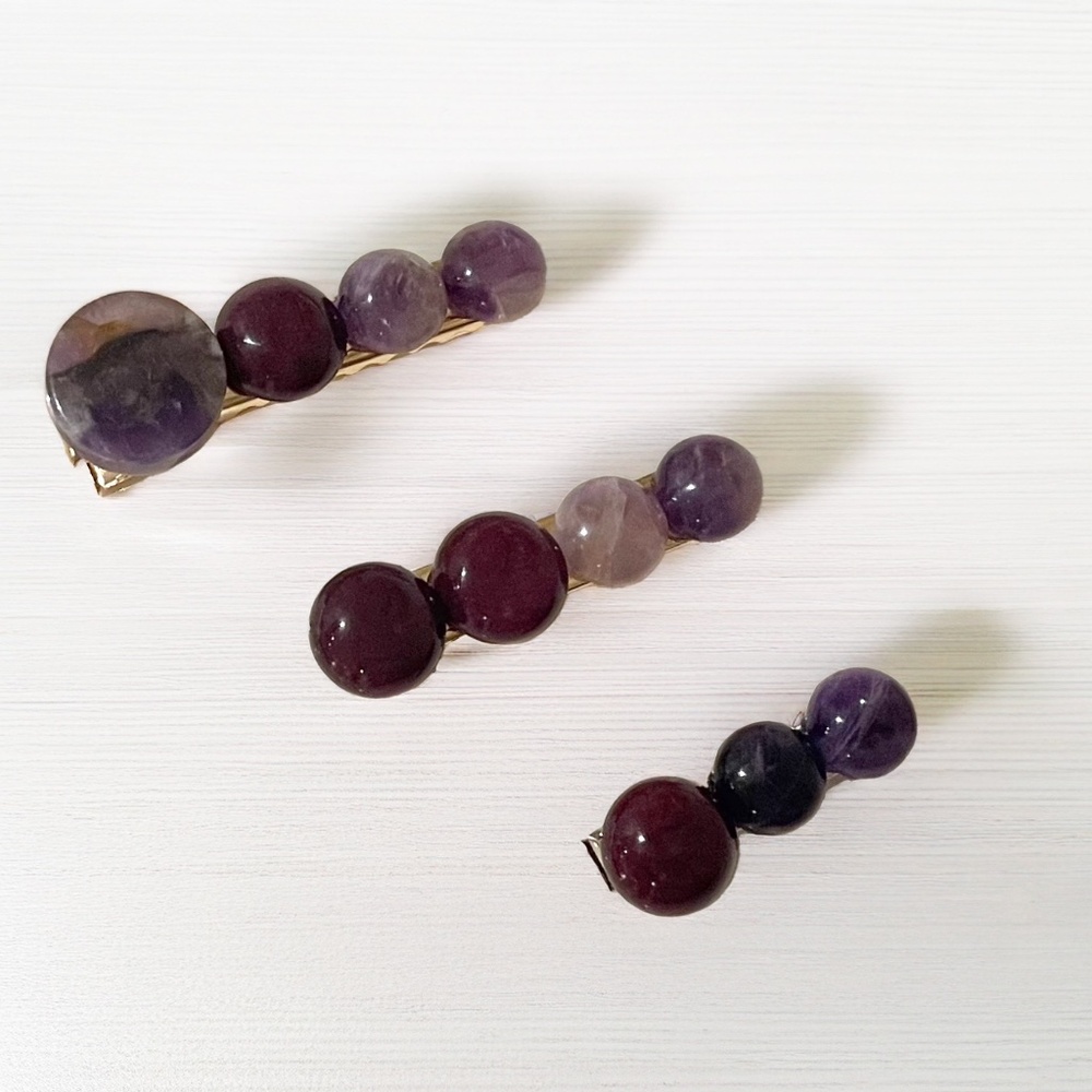 Set of 3 Luxury Hair Clips with Amethyst Crystal and Violet Red Jade, Elegant